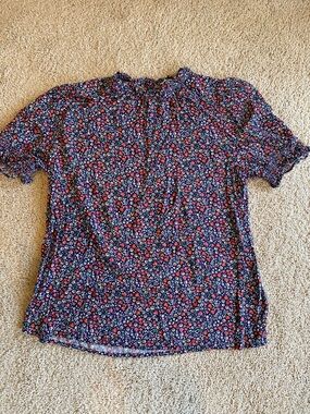Navy Floral Mock-Neck Short Sleeve Blouse